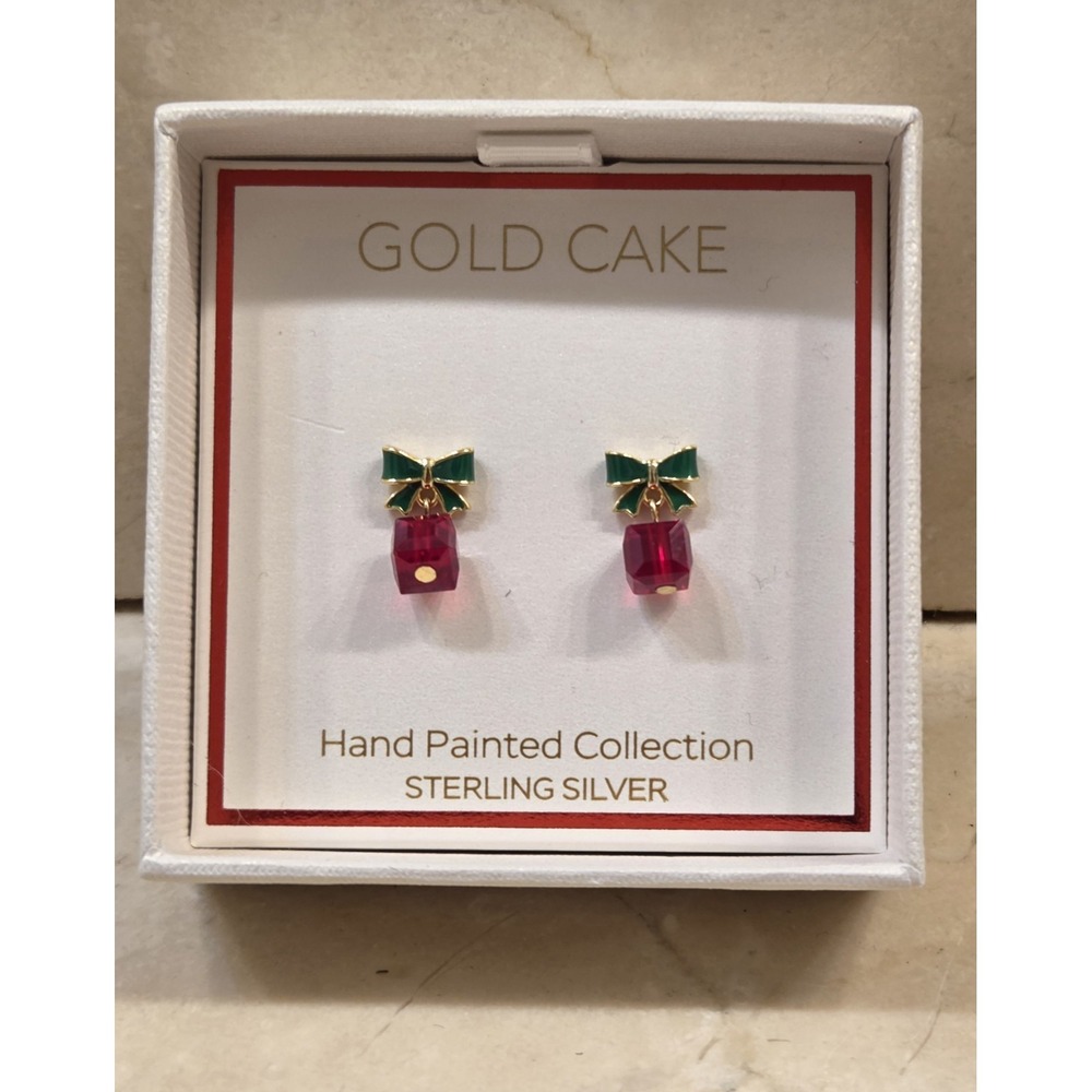 Gold Cake Green‎ Bow Red Giftbox Christmas Earrings Sterling Silver Hand Painted